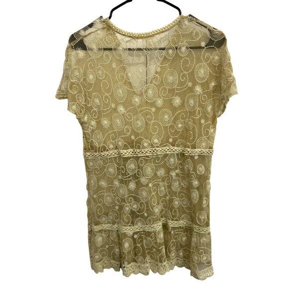 Blue Bird Sheer Beige Embroidered Lace Tunic Top V Neck Short Sleeves Size L - Picture 2 of 11